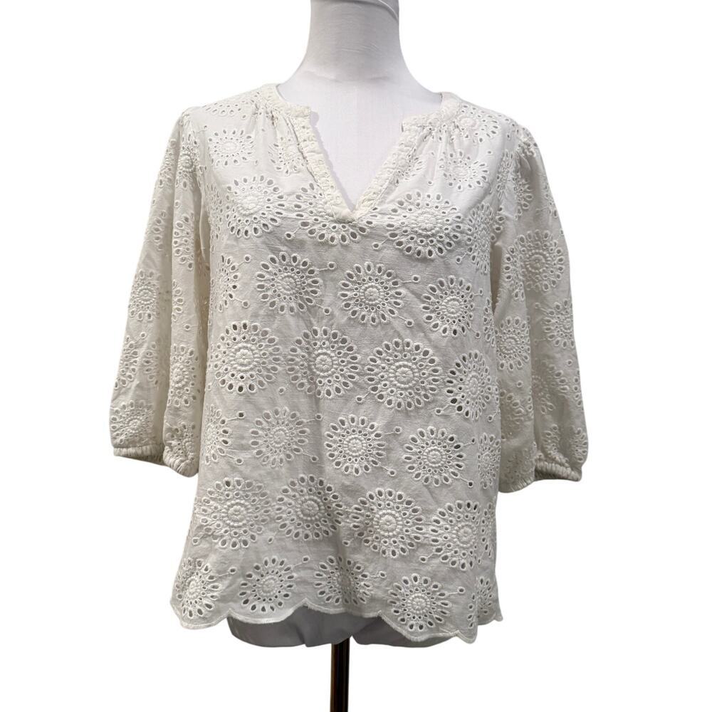 On 34th Eyelet Embroidered Blouse Womens Medium White 100% Cotton Boho Cottage